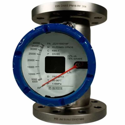 DN65 Stainless steel flow meter (rotameter) KLZDN65-1/PN16 (22% oil, 78% solvent (hexane) 750 kg/m3, 40-60°C) 4000~40000 l/h, 4-20mA, Ex